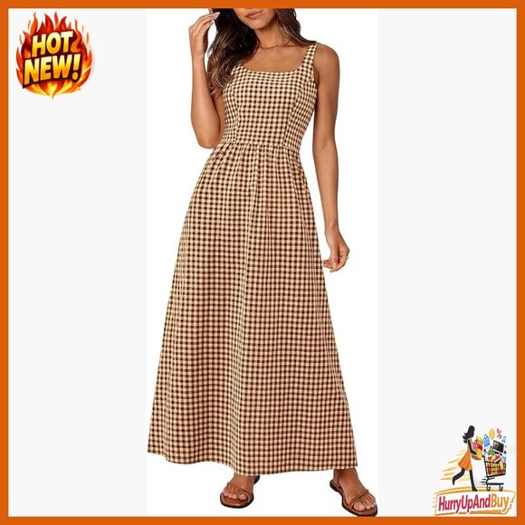 Dresses & Skirts - Plaid Square Neck Maxi Dress Spaghetti Strap A-Line Casual Beach Vacation